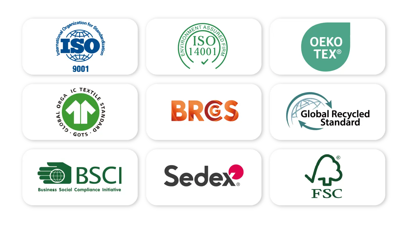 ISO 9001, ISO 14001, OEKO-TEX, GOTS, BRCGS, GRS, BSCI, Sedex and FSC logos