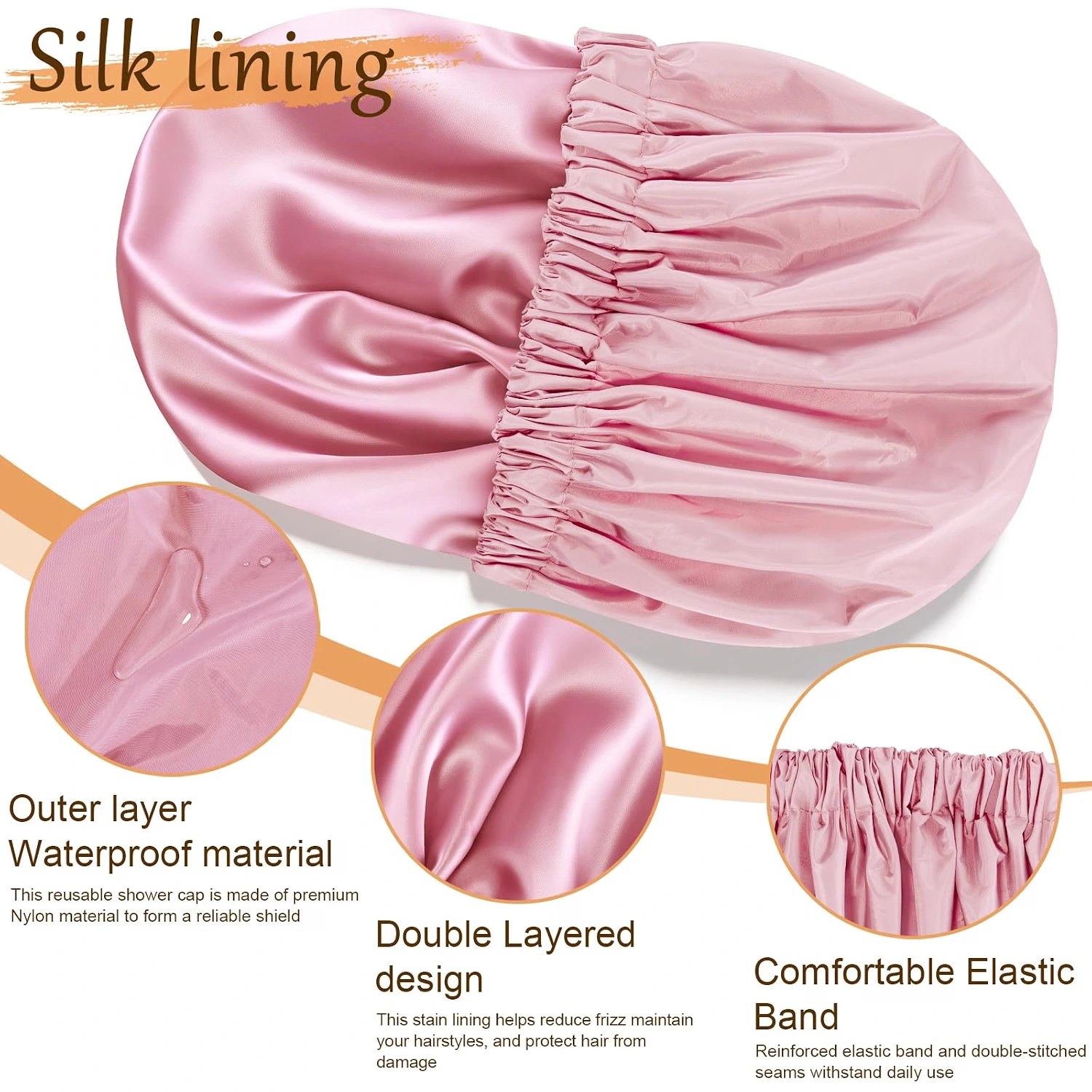 Pink Double-Layer Satin-Lined Shower Cap view 2