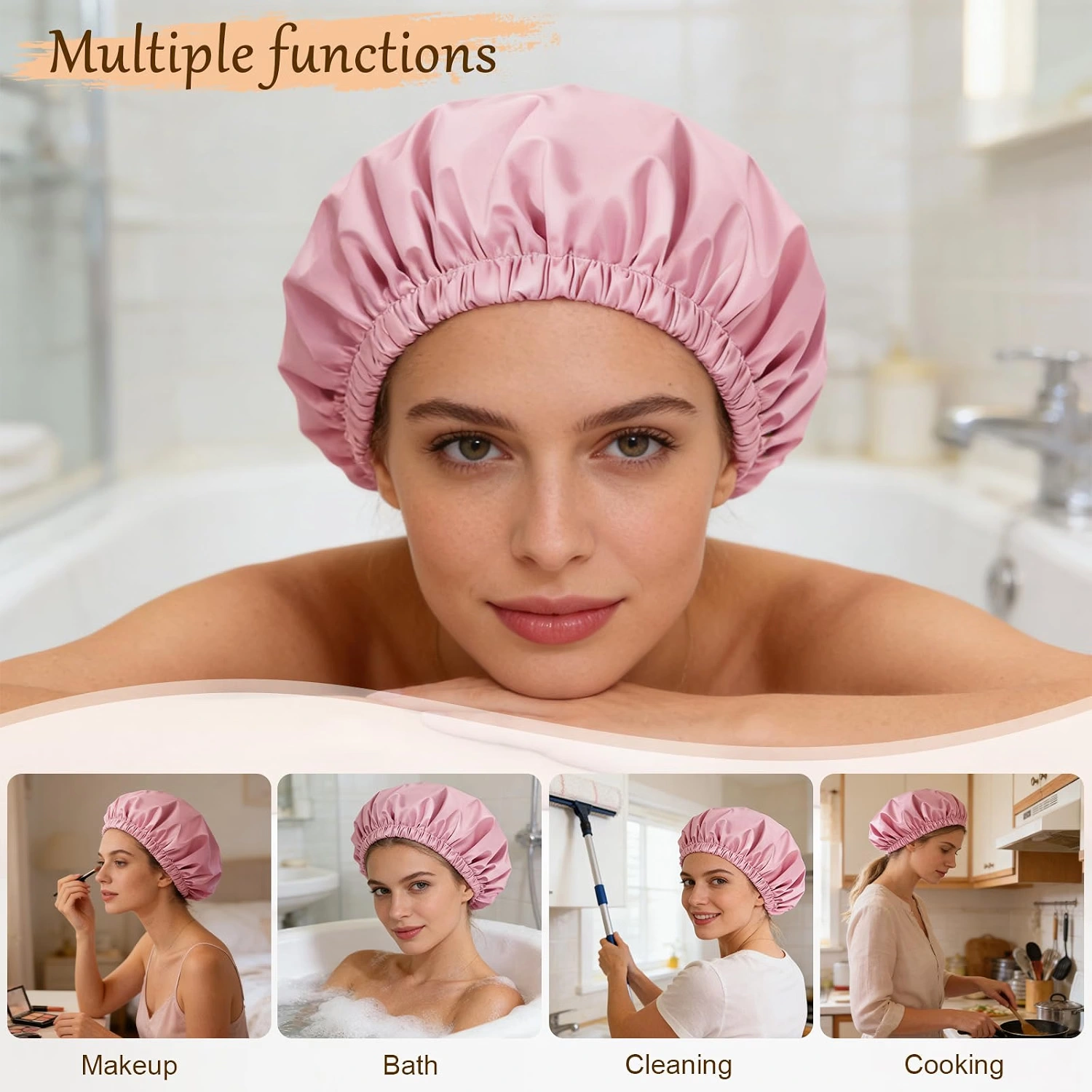 Pink Double-Layer Satin-Lined Shower Cap view 3