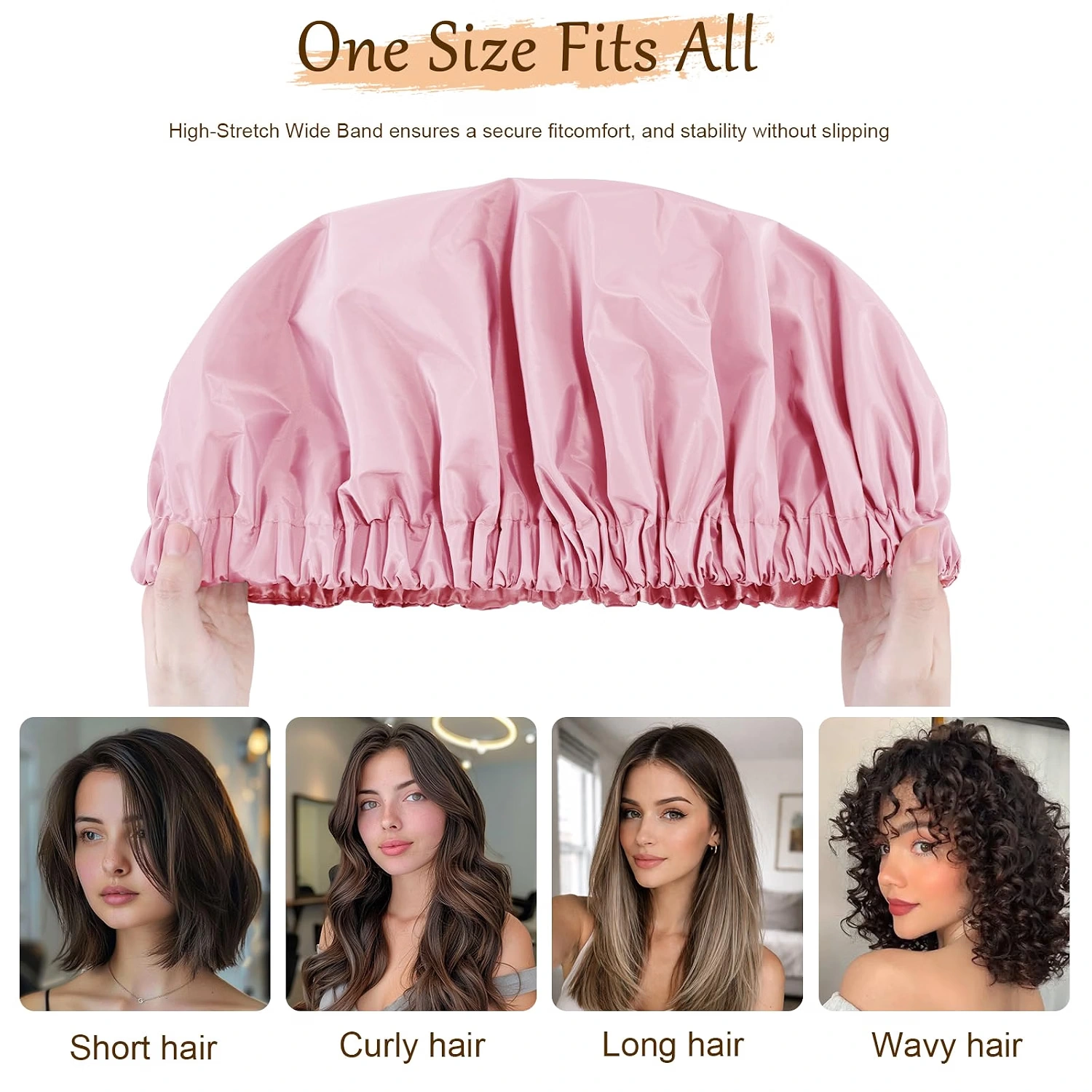 Pink Double-Layer Satin-Lined Shower Cap view 5