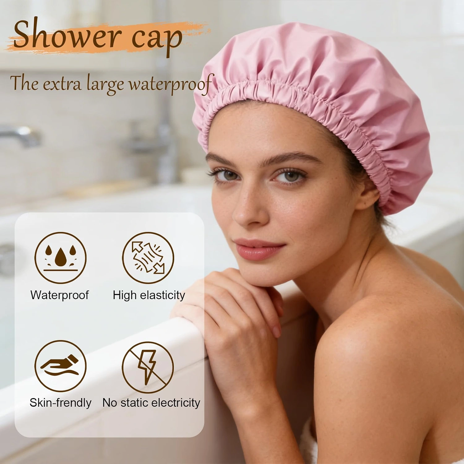 Pink Double-Layer Satin-Lined Shower Cap view 6