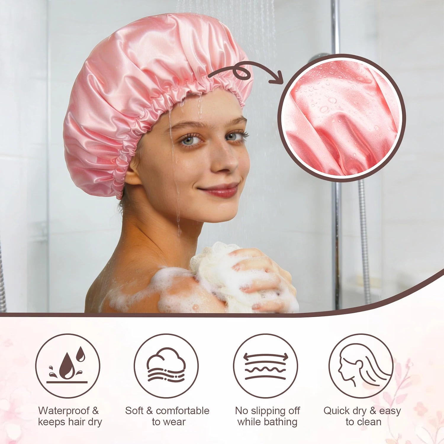 Rose Pink Satin-Lined Shower Cap view 2